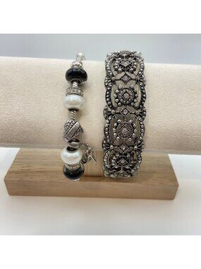 Silver Tone Bracelet Set Art Deco Style Marcasite Look Bangle Charm Bracelet